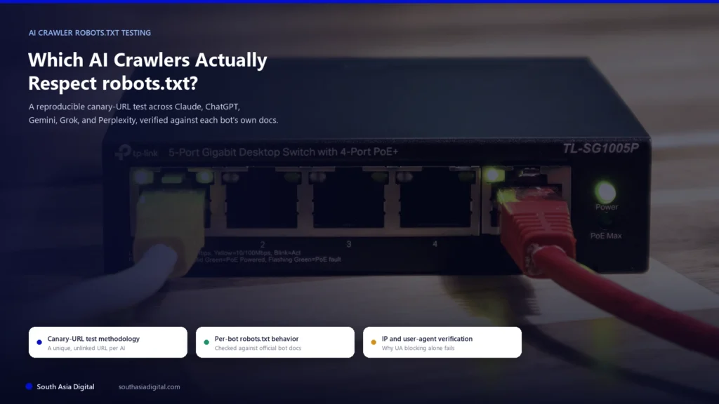 Network switch with ethernet cables plugged in and status LEDs lit, representing AI crawler traffic routing and IP verification for a robots.txt test